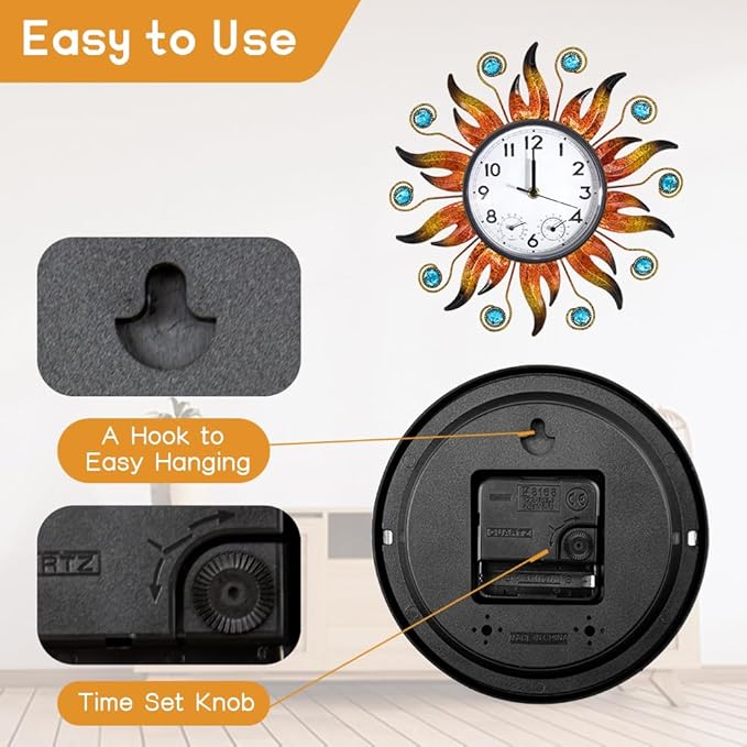 Sun Outdoor Clock with Thermometer and Hygrometer Combo, Silent No-Ticking Outdoor Wall Clock, Waterproof Quartz Clock for Patio, Living Room, Kitchen, Garden, 13 Inch