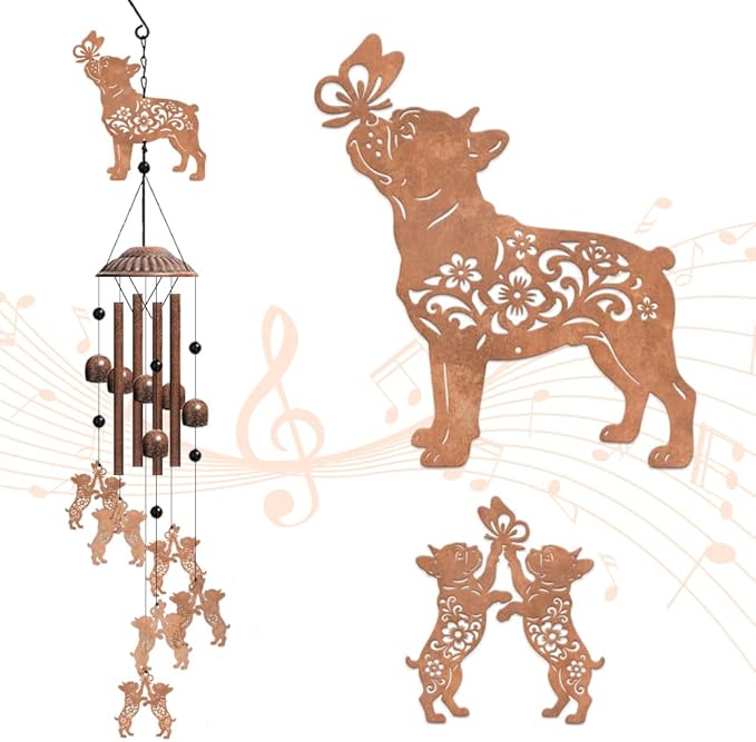 OLYCRAFT Bulldog Dog Wind Chimes Outdoors Wind Chime Sympathy Memorial Windchime Iron Windchime Memorial Presents Butterfly Hanging Windbell for Patio Backyard Home Garden Pendant Decoration