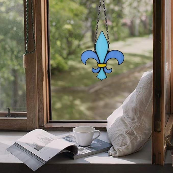 Fleur De Lis Decor Stained Glass Window Hangings,Handmade Housewarming Gifts for New House, Fleur De Lis Decoration Birthday Gift for Men,Christmas Decortion Gifts for Women