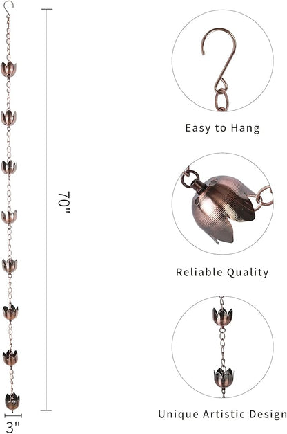 Topadorn Flower Shaped Metal Rain Chains, 8 Cups Rain Catcher Chain for Gutters, Adjustable Length Downspout Replacement, Outdoor Garden Rain Drainage Decor
