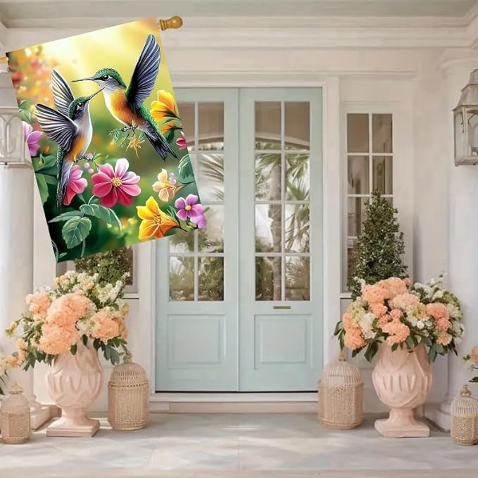 House Flags for Outside 28 x 40 Double Sided, Burlap Large Spring Summer Garden Flag Hummingbird Flowers Outdoor Flags Seasonal Farmhouse Yard Patio Porch Décor