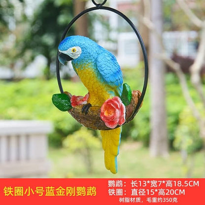Mini Garden Statues Hanging Iron Ring Parrots, Resin Parrot Hanging Statue, Hanging Birds Figurine for Pathways Yard Patio Office Home Indoor Outdoor Tree Decorations (A-3)