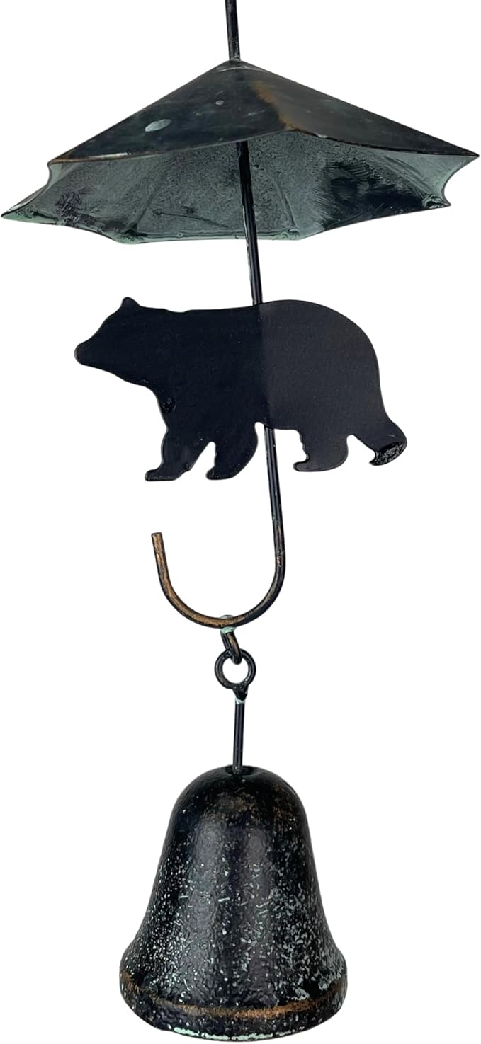 Verdigris Umbrella & Black Bear Rain Chain - 75 inches Long with 10 3D Designs, Weighted Bell for Wind Chime Sound - Eco-Friendly Water Collection or Downspout Replacement
