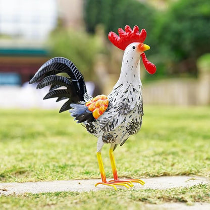 Metal Rooster Garden Statue, 12'' Funny Chicken Outdoor Statue Yard Art Decor, Waterproof Rooster Lawn Ornaments for Garden, Lawn, Farmhouse(White)