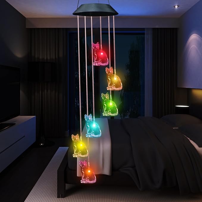 Cat Solar Wind Chimes for Outside Colors Changing Waterproof Decorative Lights Gifts for Mom Solar Powered Mobile Hanging Wind Chime for Garden Patio Party Yard Window Indoor Outdoor Decor