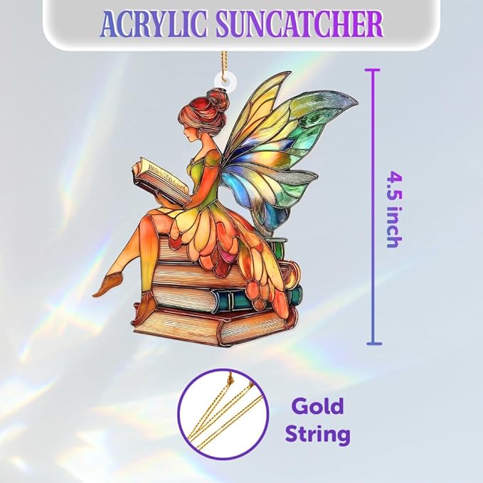 Reading Fairy Book Ornament – Stained Glass Style Acrylic Christmas Ornament, Book Lover Gift for Women, Teacher & Librarian Book Club Decorations, Fantasy Ornament Holiday Décor(Sun-15)