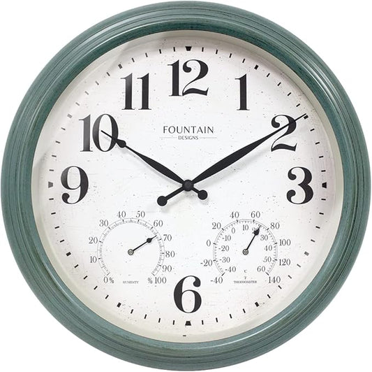 18 Inch Maison in/Outdoor Clocks Waterproof, Large Outdoor Clock Thermometer Combo, 3 in 1 Weather Stations,Aged Teal