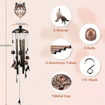 Wolf Wind Chimes for Outside,Wolf Gifts for Women/Men/Sympathy Gift/Memorial Gifts/Birthday Festival Metal windchimes Outdoors/Indoors,Patio,Garden Decor,Home,Porch,Yard Decor (Wolf)