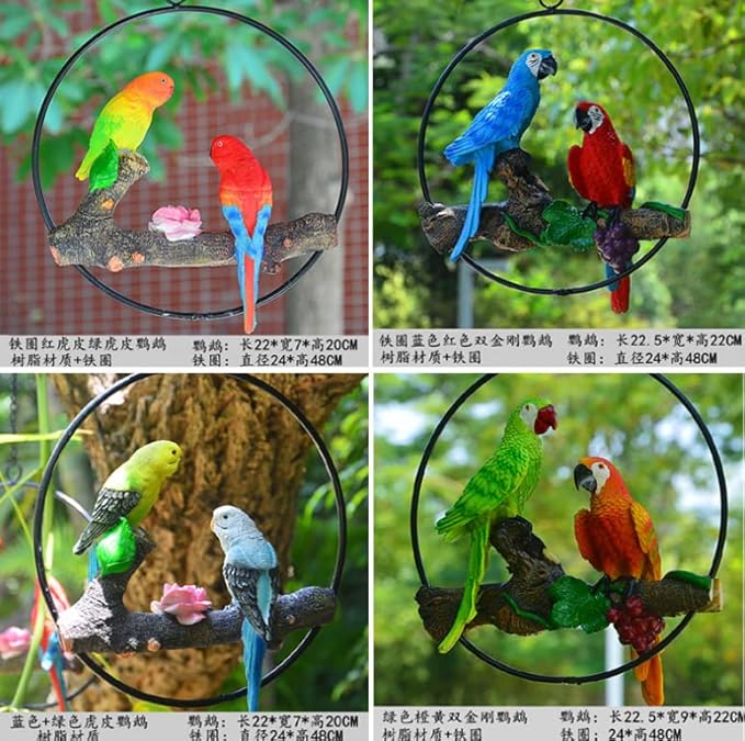Mini Garden Statues Hanging Iron Ring Parrots, Resin Parrot Hanging Statue, Hanging Birds Figurine for Pathways Yard Patio Office Home Indoor Outdoor Tree Decorations (D-2)