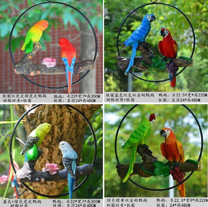 Mini Garden Statues Hanging Iron Ring Parrots, Resin Parrot Hanging Statue, Hanging Birds Figurine for Pathways Yard Patio Office Home Indoor Outdoor Tree Decorations (D-2)