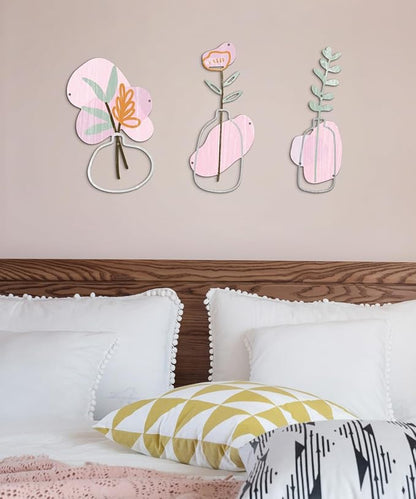 Putuo Decor 3Pcs Metal Flower Wall Art, Minimalist Flower Vase Bathroom Wall Decor, Rustic Farmhouse Decor for Living Room, Bathroom, Bedroom, Elegant Housewarming Gift(Pink)