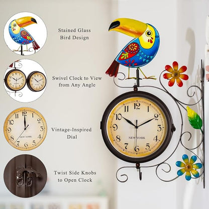 Vintage Indoor Outdoor Clock - Silent Non-Ticking, Double Sided Wall Clock with Toucan Decor Waterproof for Garden, Patio, Yard, Farmhouse, Home Décor (Blue)