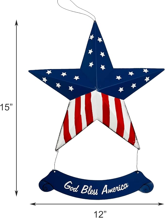 Rustic Hanging Metal American Flag Patriotic Barn Star Wall Door Yard Signs 4th of July White Blue Red Independence Day Memorial Day Decor Indoor Outdoor Stars Wreath Fourth of July Decorations