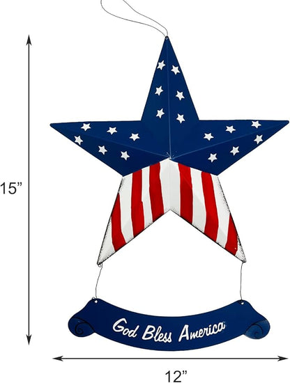 Rustic Hanging Metal American Flag Patriotic Barn Star Wall Door Yard Signs 4th of July White Blue Red Independence Day Memorial Day Decor Indoor Outdoor Stars Wreath Fourth of July Decorations