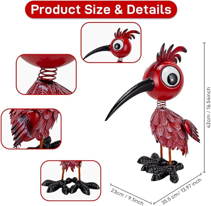 Metal Large Garden Statue,16.5" Red Bird Statues and Sculptures for Outdoor Decor,Metal Yard Art Lawn Ornaments for Patio Backyard Decoration
