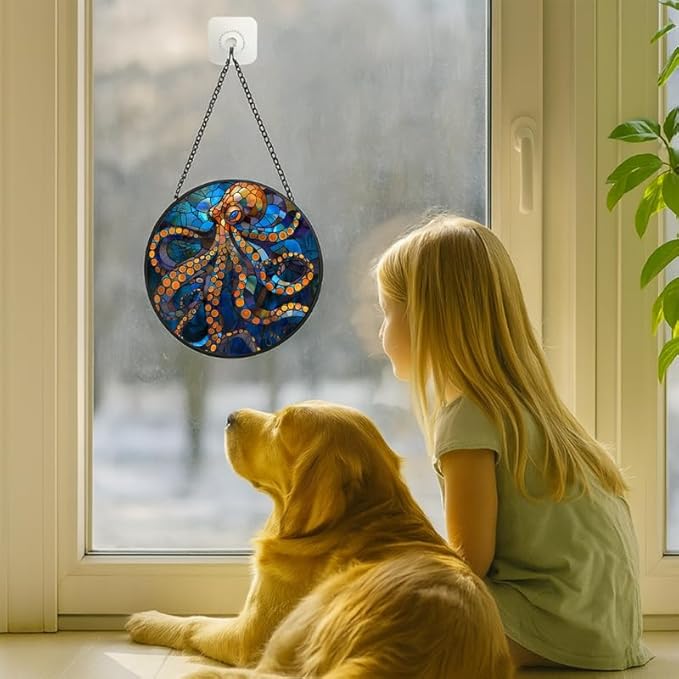 Stained Glass Window Hanging Octopus Theme 6.3in Sun Catchers Panel for Indoor Decorative Display for Mom Wife Lovers Festive
