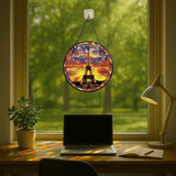 Stained Glass Window Hanging - 11.8in Eiffel Tower Paris Sunset View Sun Catchers Indoor Stained Glass Panels Wall Decor for Mom，Wife，Lovers，Festive