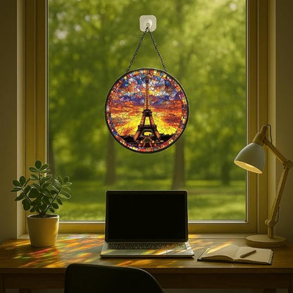 Stained Glass Window Hanging - 7.8in Eiffel Tower Paris Sunset View Sun Catchers Indoor Stained Glass Panels Wall Decor for Mom，Wife，Lovers，Festive