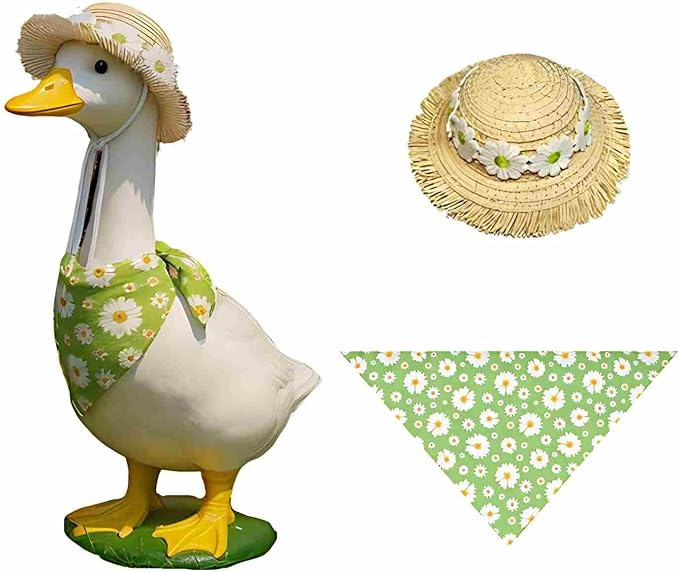 Summer Porch Goose Outfits Daisy Flower Goose Outfit Spring Geese Clothes Costume with Straw Hat Scarf for 17-23" Lawn Cement Plastic Geese Statue for Garden Yard Decor Accessories(Green)