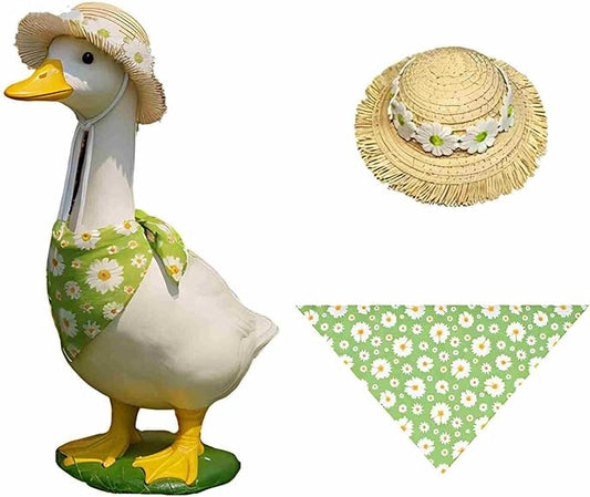Summer Porch Goose Outfits Daisy Flower Goose Outfit Spring Geese Clothes Costume with Straw Hat Scarf for 17-23" Lawn Cement Plastic Geese Statue for Garden Yard Decor Accessories(Green)
