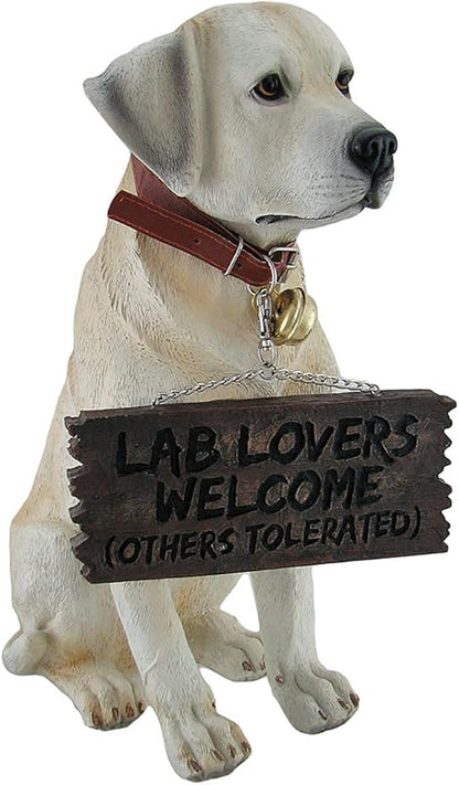 Labrador Retriever Garden Statue with Reversible Welcome Sign, Resin Dog Figurine, Hand-Painted Lab Decor for Lawn, Porch, or Entryway, 13.5 Inch High, Don’t Stop Retrievin’ & Lab Lovers Welcome