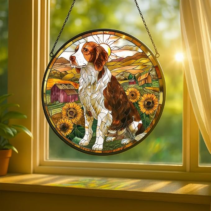 Stained Glass Window Hanging - Farm Dog & Sunflower Field 11.8in Sun Catchers Indoor Stained Glass Panels Wall Decor for Mom Wife Lovers Festive