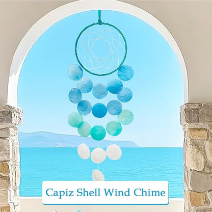 Wind Chimes for Outside, Personalized Capiz Shells Wind Chime for Home Decoration, Garden Decoration of Beach House Decor,Great Gift for Shells Windchimes Lovers and More (Blue Circle)