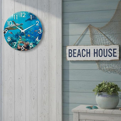 Crosstime Outdoor Clock Waterproof - 12" Sea Turtle Blue Ocean Beach Coastal Decor Indoor Outdoor Wall Clock for Patio, Pool, Garden, Backyard, Bathroom