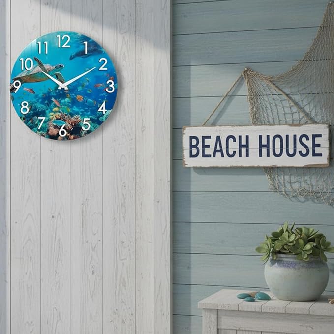 Crosstime 14 Inch Outdoor Clock Waterproof - Sea Turtle Underwater Blue Ocean Coastal Decor Outdoor Wall Clocks Battery Operated Silent for Patio, Pool, Garden