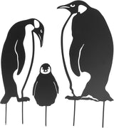 Penguin Family Stake Statue, Metal Animal Stake Decoration, Vivid Hollow Iron Garden Figurine with Hand Painted Finish for Lawn Yard Flower Bed Outdoor Use