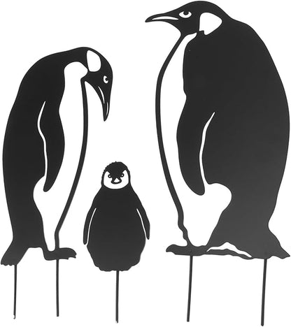 Penguin Family Stake Statue, Metal Animal Stake Decoration, Vivid Hollow Iron Garden Figurine with Hand Painted Finish for Lawn Yard Flower Bed Outdoor Use