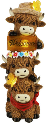 Glintoper Solar Garden Highland Cow Statue, 12" Outdoor Spring Decoration Lighted Triple Stacked Resin Cow Whimsical Yard Art, Birthday Mothers Day Ideal Gifts, for Summer Porch Pathway Patio Lawn