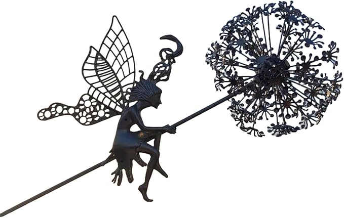 Flower Fairy Dancing with Dandelion, Fairy Garden Sculptures, Angel Metal Ornaments Gardens Art Sculpture, Stainless Steel Statue Garden Ornaments Art Decorations for Outdoor Yard Lawn Patio (H_3D)