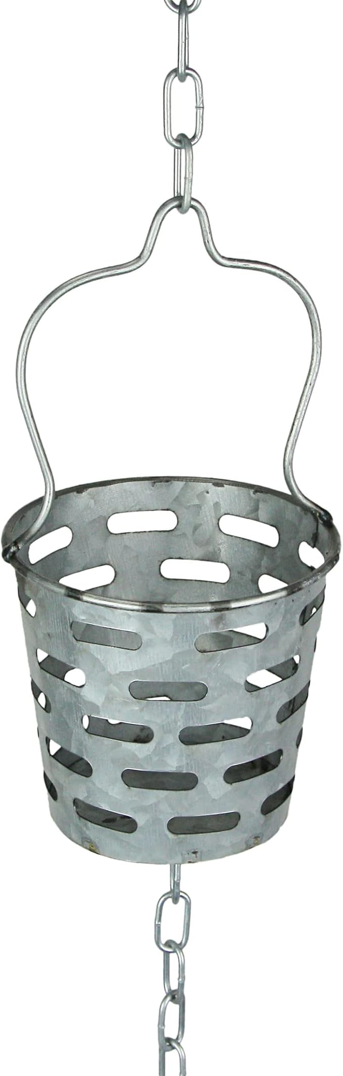 Zeckos Galvanized Grey Metal Olive Bucket Pail Style Rain Chain Gutter Downspout Accent, 74 Inches Long - Easy Install - Adding Rustic Charm to Your Outdoor Décor