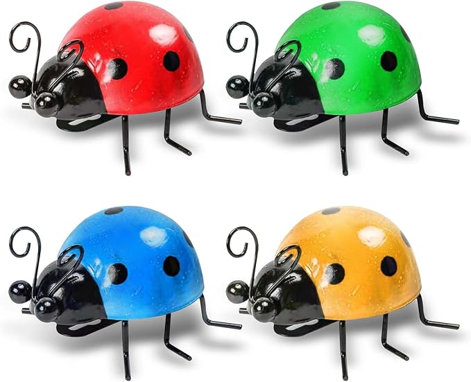 OBTANIM 4 Pack Colorful Cute Metal Ladybugs Garden Wall Art Decorative Yard Decorations Outdoor Lawn Wall Sculptures