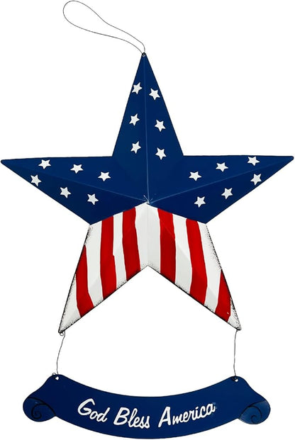 Rustic Hanging Metal American Flag Patriotic Barn Star Wall Door Yard Signs 4th of July White Blue Red Independence Day Memorial Day Decor Indoor Outdoor Stars Wreath Fourth of July Decorations