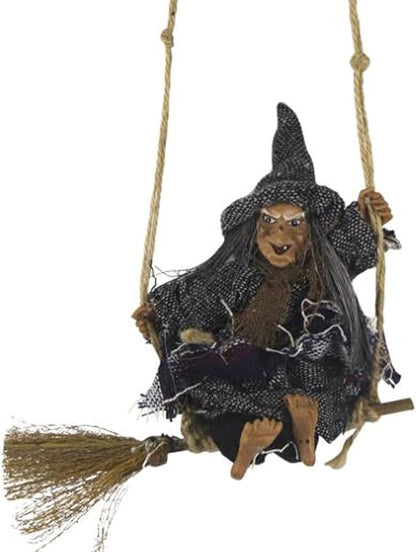 IYWISH Halloween Hanging Witch Flying Witches Broom Wizard Scary Hanging Ghost Skull Skeleton Decoration Toys Ornaments Halloween Decor Haunted House Party Props Animated Witch Garden Outdoor Figure