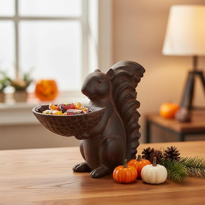 Comfy Hour 10" Squirrel with Acorn Bowl Decorative Figurine, Artisan Crafted Wildlife Statue for Outdoor Garden & Home, Rustic Bronze Style Patio Decor, Polyresin Ornament, 1 Piece