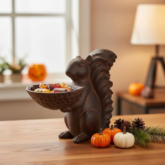 Comfy Hour 10" Squirrel with Acorn Bowl Decorative Figurine, Artisan Crafted Wildlife Statue for Outdoor Garden & Home, Rustic Bronze Style Patio Decor, Polyresin Ornament, 1 Piece