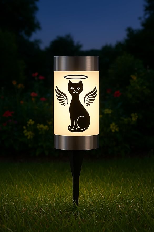 Solar Cat Memorial Garden Light, Outdoor Pet Remembrance Keepsake with Angel Silhouette, Automatic Dusk to Dawn LED Yard Stake (cat)