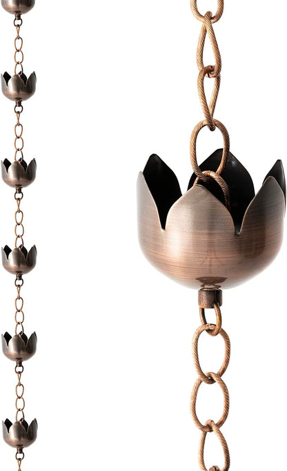 Glitzhome 8.5 FT Lotus Flower Rain Chains, Faux Copper Rain Chains for Gutters with 15 Cups, Adjustable Rain Catcher Chain with V-Shaped Gutter