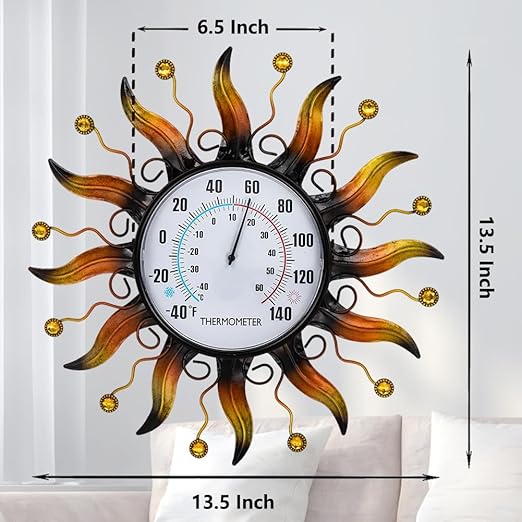 VEWOGARDEN 13.5 Inch Metal Sun Outdoor Thermometer Waterproof Decorative Wall Indoor Outdoor Thermometer for Patio, Garden & Home Decor