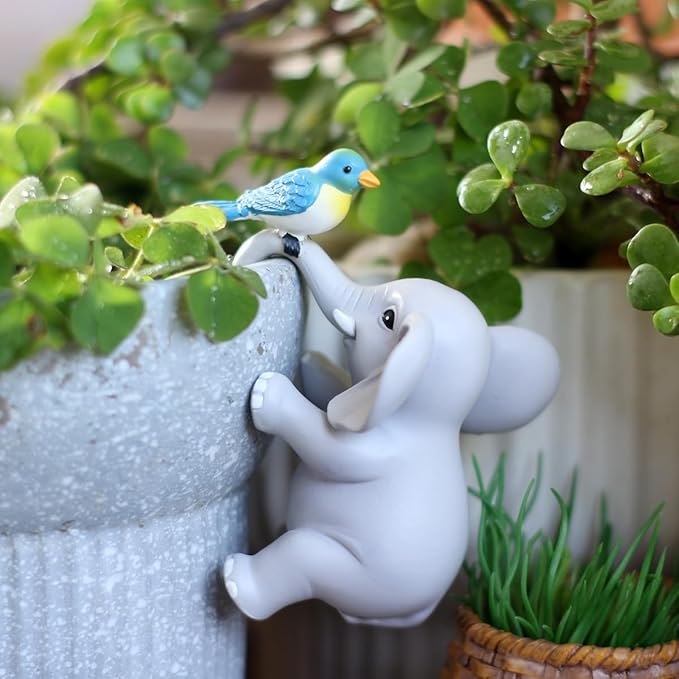 Cute Climbing Elephant with Bird Flower Pot Hugger Figurines Resin Hanging Elephant Statue Planter Pot Decorations for Home Garden Fence Balcony Patio Lawn Yard Ornaments