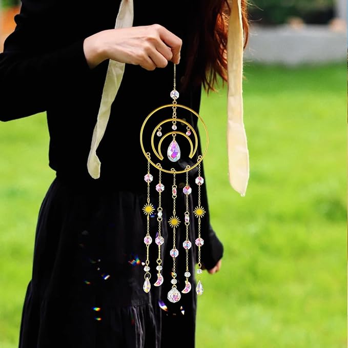 H&D HYALINE & DORA Crystal Suncatcher Moon Sun Catcher Window Suncatchers Crystal Wind Chimes for Window Home Garden Backyard Decor Light Catchers Gift for Women