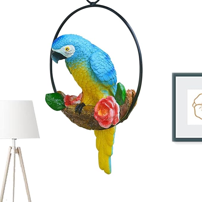 Hanging Parrot Statue Outdoor,Parrot Sculpture Decor for Outdoor Decor, Bird Decoration with Iron, Parrot Statue for Tree Lawn Garden Porch, Landscape Ornament