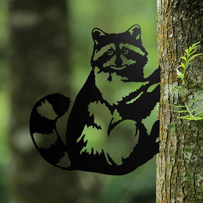 WADORN Metal Raccoon Garden Fence Decor, Raccoon Silhouette Decorative Farmhouse Statue Backard Wall Decor Cute Animal Yard Art Garden Stake for Garden Yard Patio Park Home Outdoor Decorations