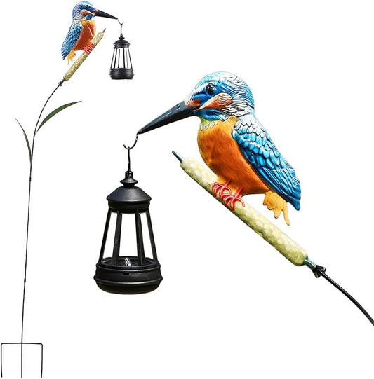 Solar Kingfisher Statue for Outdoor Garden Decor, 6.1 Inch Outside Metal Bird Craft Ornaments with Solar Lantern for Garden, Patio, Yard, Lawn -Birthday Gifts for Women Mom Grandma