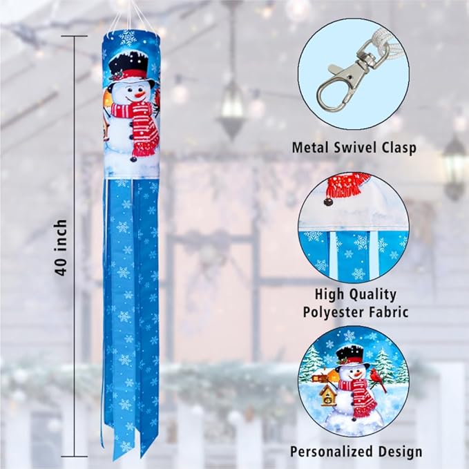 Winter Snowman Windsock 40 Inch Christmas Happy New Year Durable Outdoor Hanging Decoration for Yard Garden Patio Home Decor