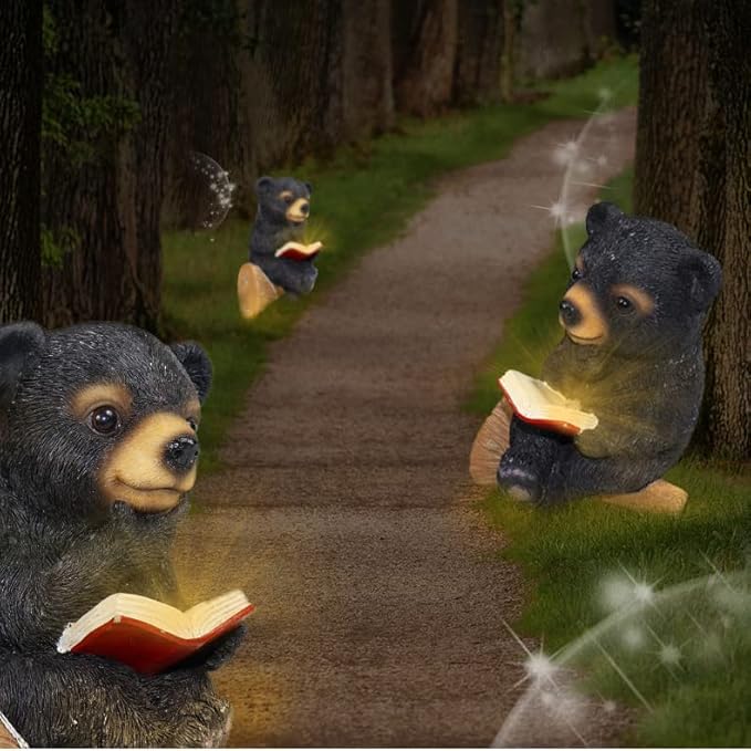 Sitting Bear Tree Hugger with Solar LED Light, Cute Bear Reading Book Garden Statue, Resin Animal Figurine Outdoor Decor, Yard Art Sculpture for Lawn, Yard, Patio, Porch Ornaments