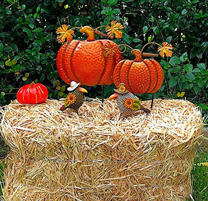 Garden Stakes Thanksgiving Fall Harvest Halloween Outdoor Metal Decor Orange Pumpkins 143&122 (Set of 2) 14.5"&11.5"